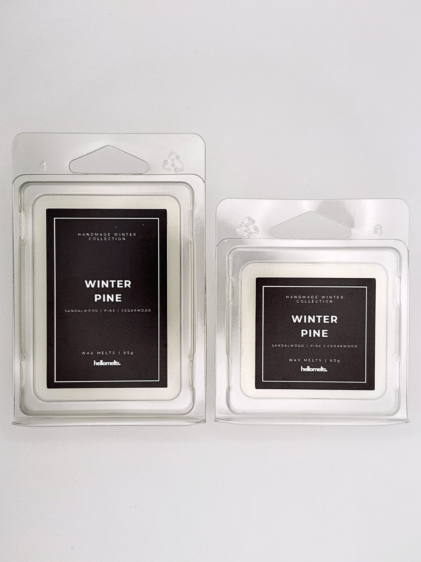 Winter Pine wax melts 85g and 60g shown together as a size comparison in clamshell packaging from the Hellomelts Winter Collection