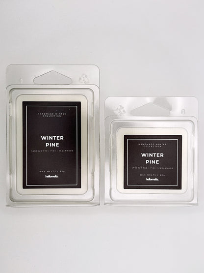 Winter Pine wax melts 85g and 60g shown together as a size comparison in clamshell packaging from the Hellomelts Winter Collection