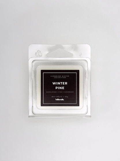 Winter Pine 60g wax melt front-facing studio shot showing the clamshell packaging from the Hellomelts Winter Collection
