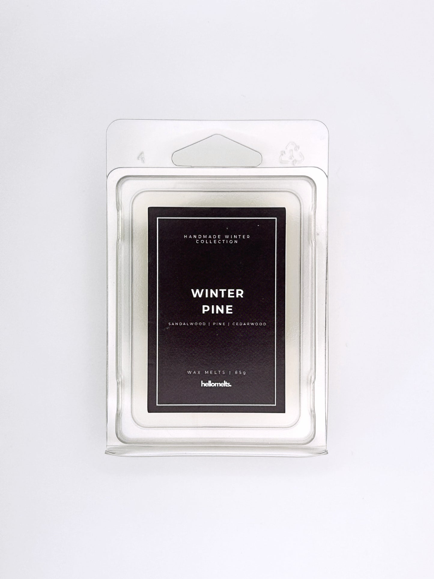 Winter Pine 85g wax melt front-facing studio shot showing the clamshell packaging from the Hellomelts Winter Collection