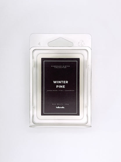 Winter Pine 85g wax melt front-facing studio shot showing the clamshell packaging from the Hellomelts Winter Collection