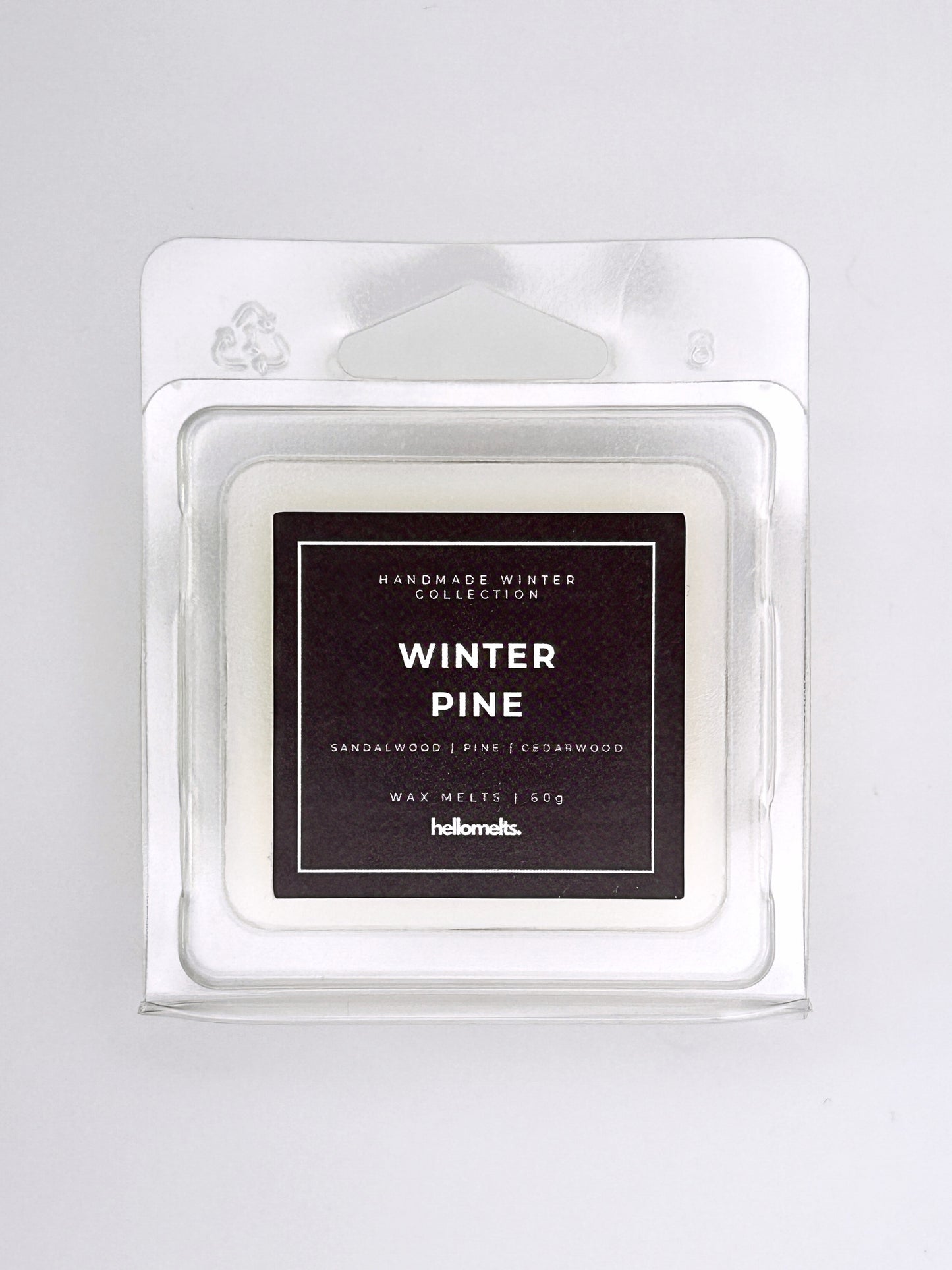 Winter Pine 60g wax melt close-up image of the label on the clamshell packaging from the Hellomelts Winter Collection