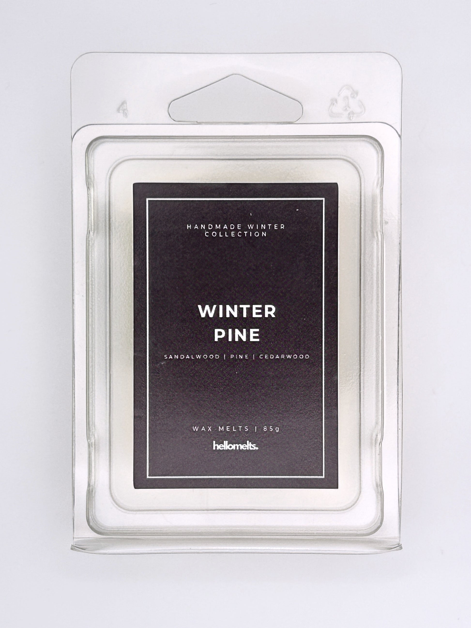 Winter Pine 85g wax melt label close-up on the clamshell packaging from the Hellomelts Winter Collection