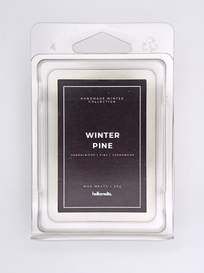 Winter Pine 85g wax melt label close-up on the clamshell packaging from the Hellomelts Winter Collection